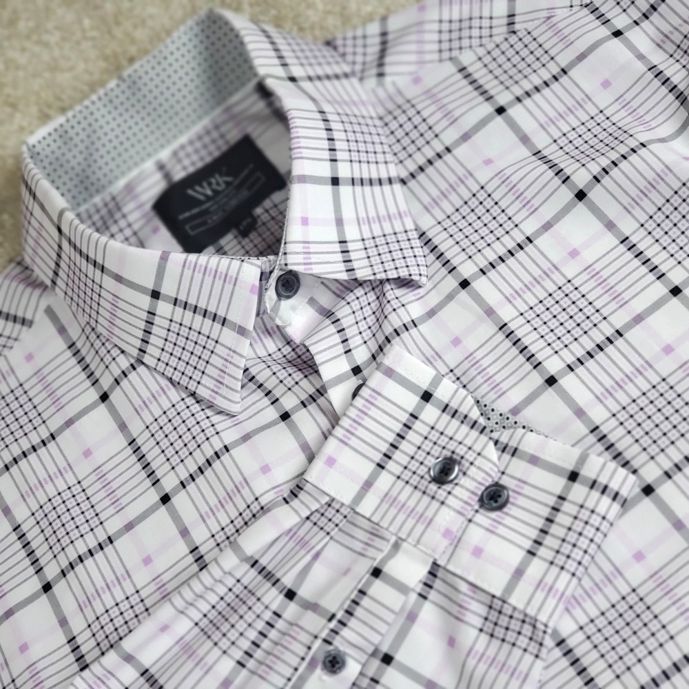 WRK 4-Way Stretch Button Shirt Men's‎ 17.5 Pink Black White Plaid Preppycore